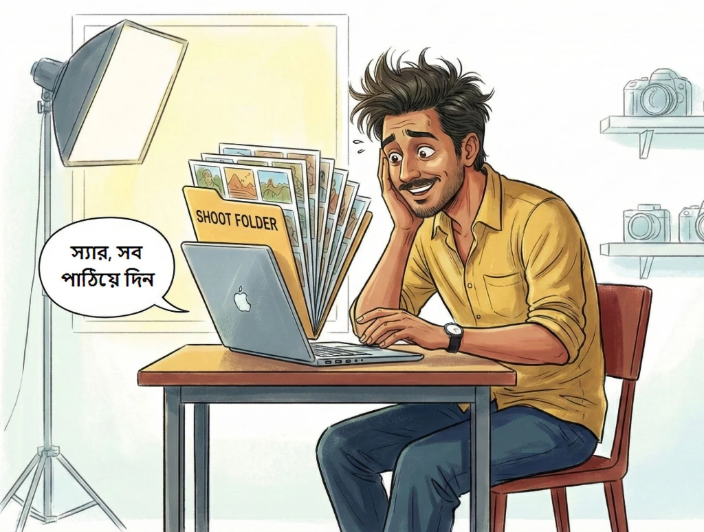 A humorous take on the “Sir, Sob Pathiye Din” culture photographers face after every shoot Funny cartoon illustration of a confused photographer overwhelmed by many photos after a shoot, reacting to the message “Sir, Sob Pathiye Din” on his laptop