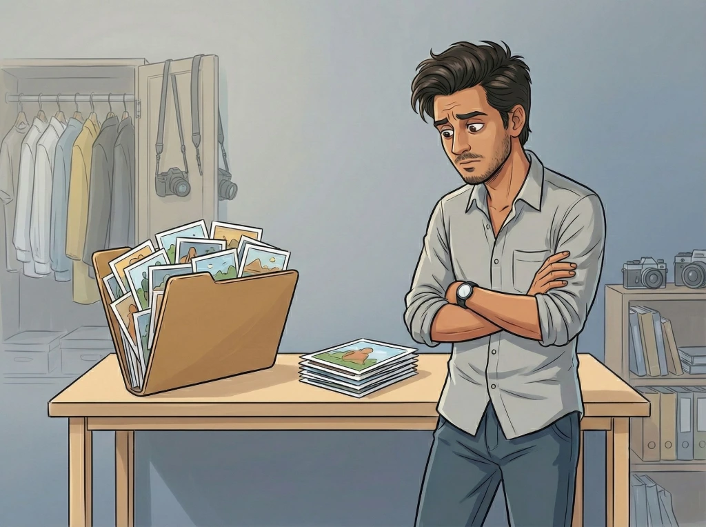When too many photos are treated as deliverables, nothing feels intentional Cartoon illustration showing a photographer comparing an overflowing folder of photos with a small selected set, explaining why showing everything overwhelms clients