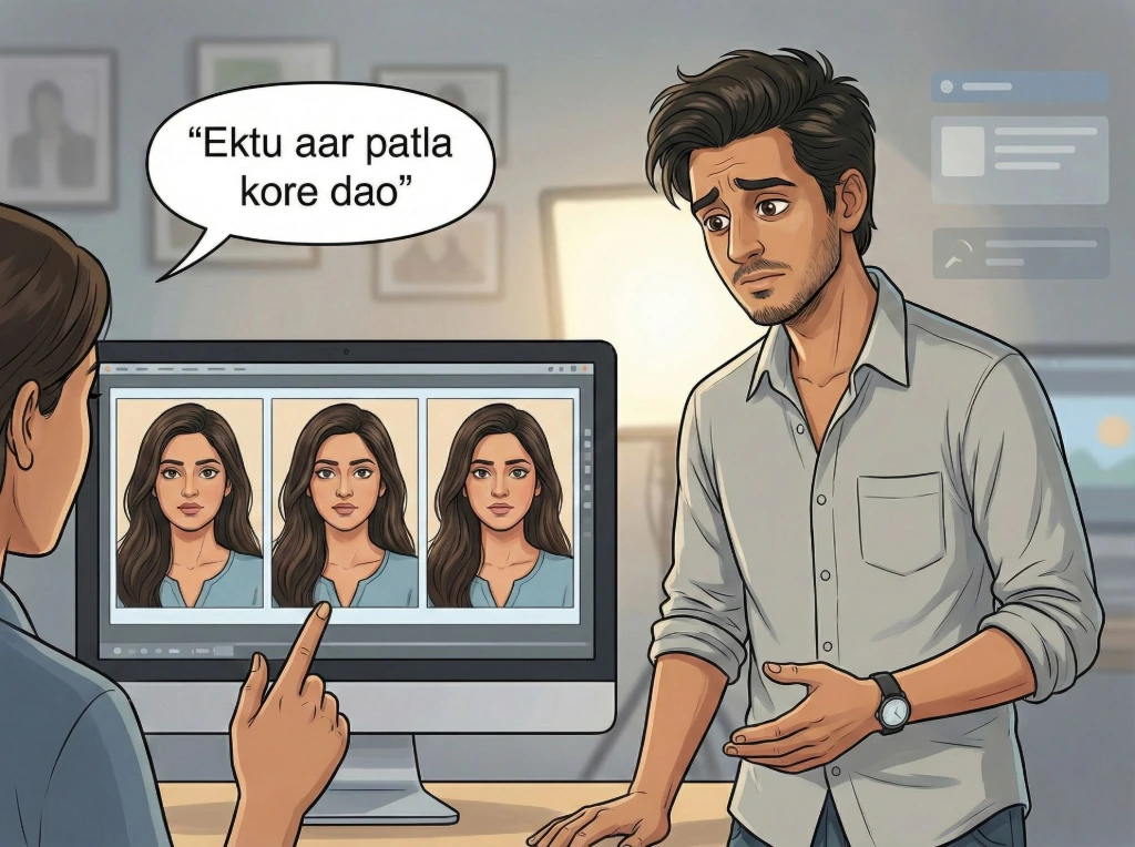 When “Ektu aar patla kore dao” is really about insecurity, not Photoshop Cartoon illustration showing a photographer reviewing multiple versions of the same portrait while a client asks “Ektu aar patla kore dao,” highlighting insecurity rather than retouching tools
