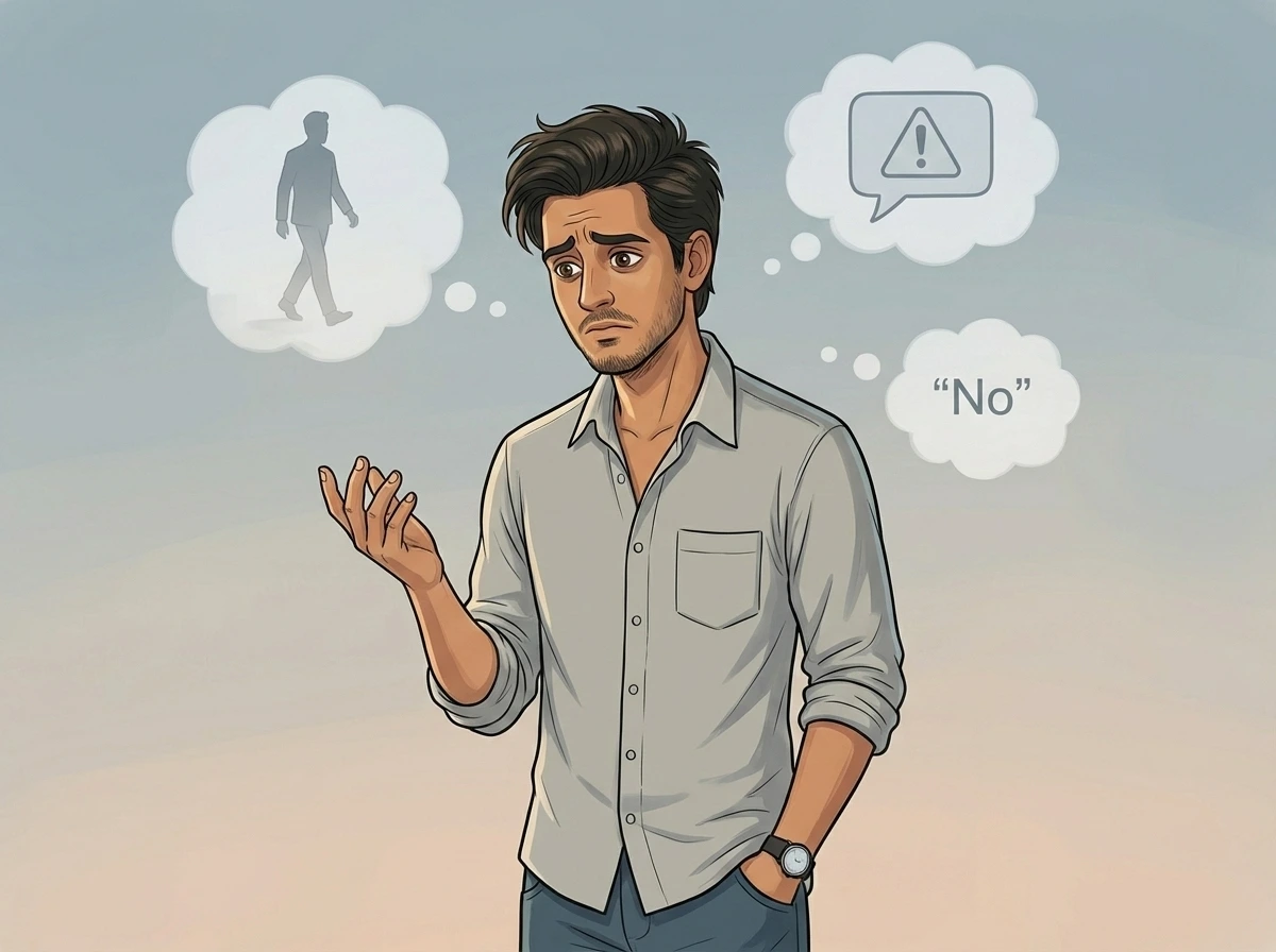 The unspoken fears that stop photographers from setting boundaries Cartoon illustration of a photographer standing alone with hesitant body language, representing the silent fears of losing clients, sounding arrogant, and struggling to say no