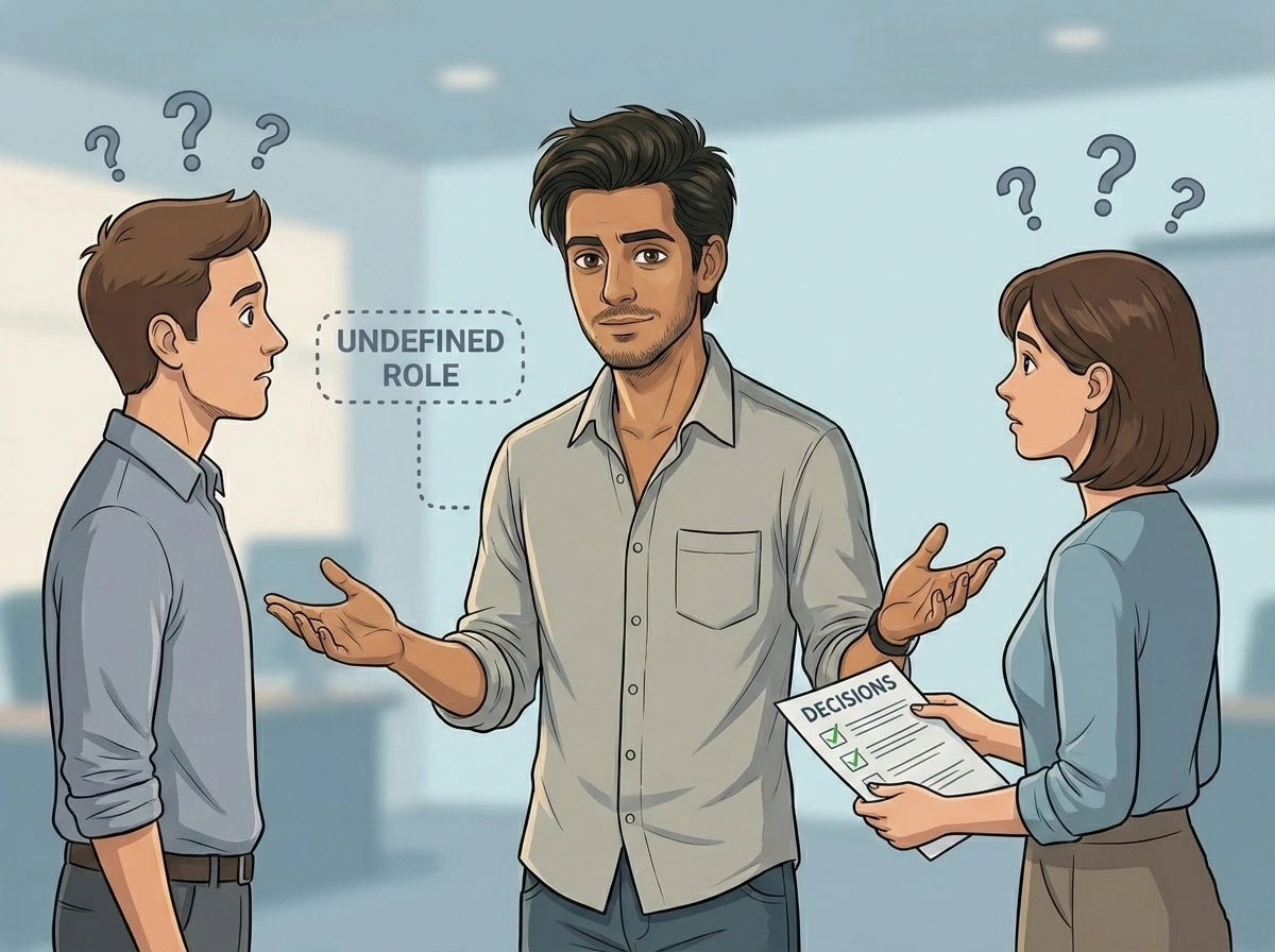 When confusion comes from unclear roles—not from the client Cartoon illustration of a photographer calmly explaining his process to clients, showing that confusion comes from unclear expectations rather than difficult clients