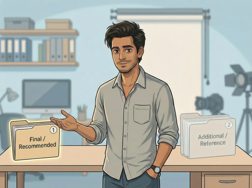 How clear structure makes image delivery easier for both photographers and clients Cartoon illustration of a photographer confidently presenting two folders labeled Final/Recommended and Additional/Reference, explaining a professional image delivery workflow