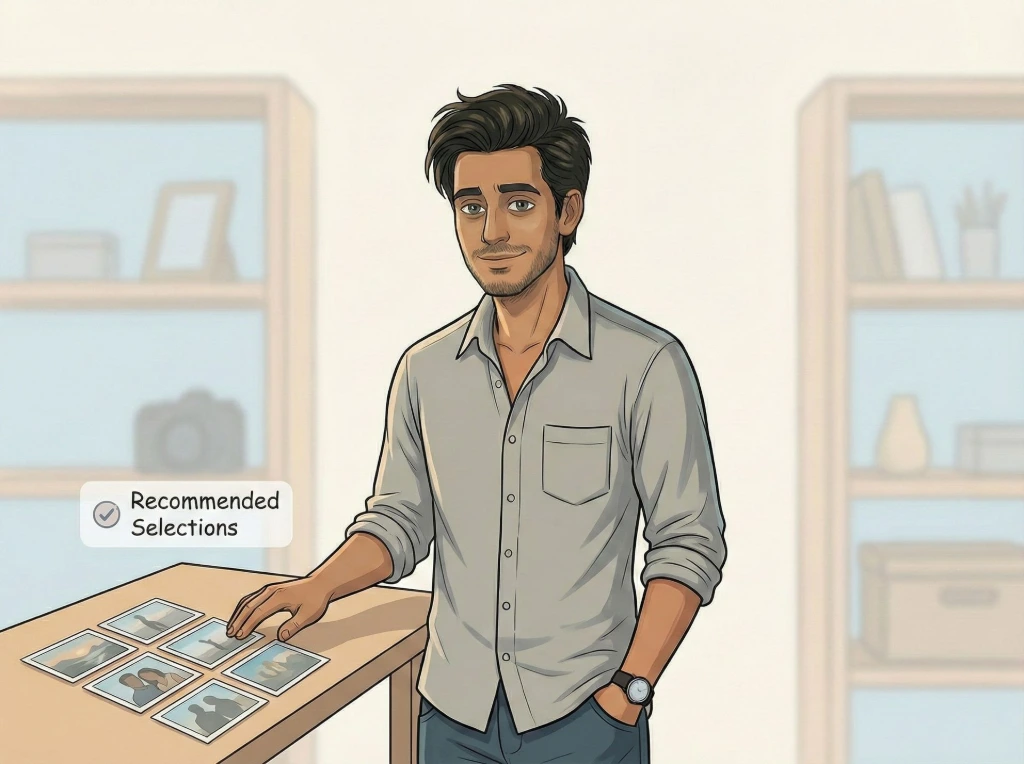 Clarity builds trust without sounding arrogant Cartoon illustration of a photographer calmly presenting a clear, curated photo selection, showing that professional clarity builds trust without ego