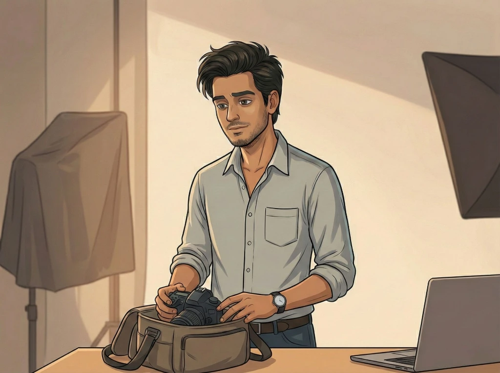 Boundaries don’t need attitude. They need structure. Cartoon illustration of a photographer calmly wrapping up his work at the end of the day, symbolising clarity gained through experience rather than rules