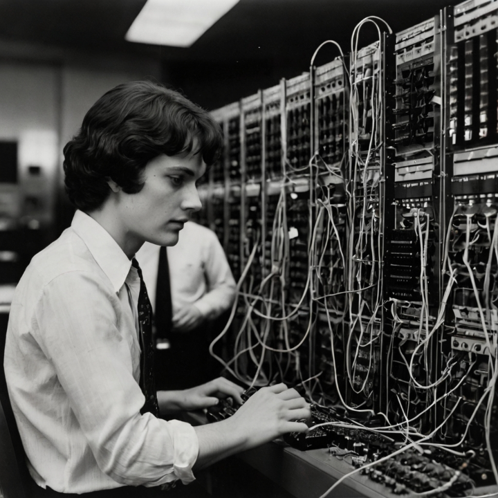 Development of Packet Switching (1960s) A vintage black-and-white photo of early computer terminals connected to ARPANET in the 1970s.
