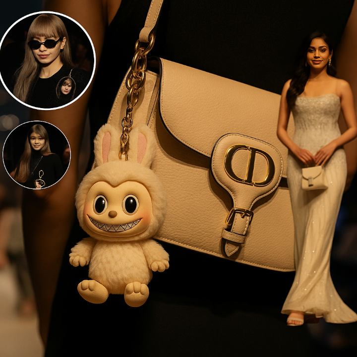 Labubu hits Indian fashion—spotted on Red Carpets, Street Markets, and Designer Shelves A collage showing Labubu-themed accessories on red carpets, streetwear fashion, and indie designer stalls in India.