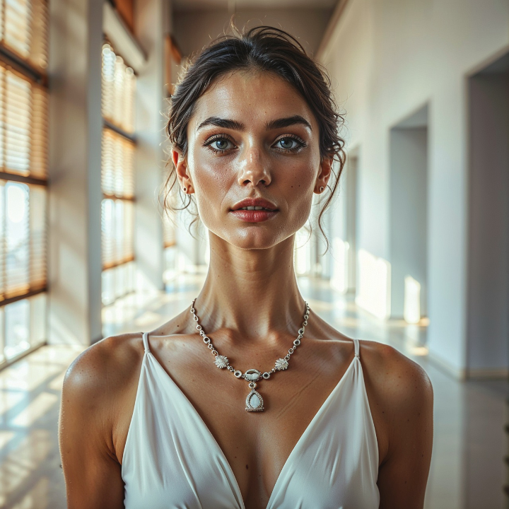 Advertising photo using architectural and light-based leading lines to draw focus to a model’s neckline and jewelry.
