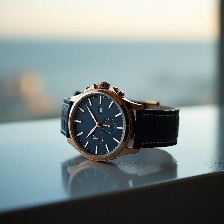 Advertising photo using horizontal lines to convey luxury and stability through a watch on a flat surface.