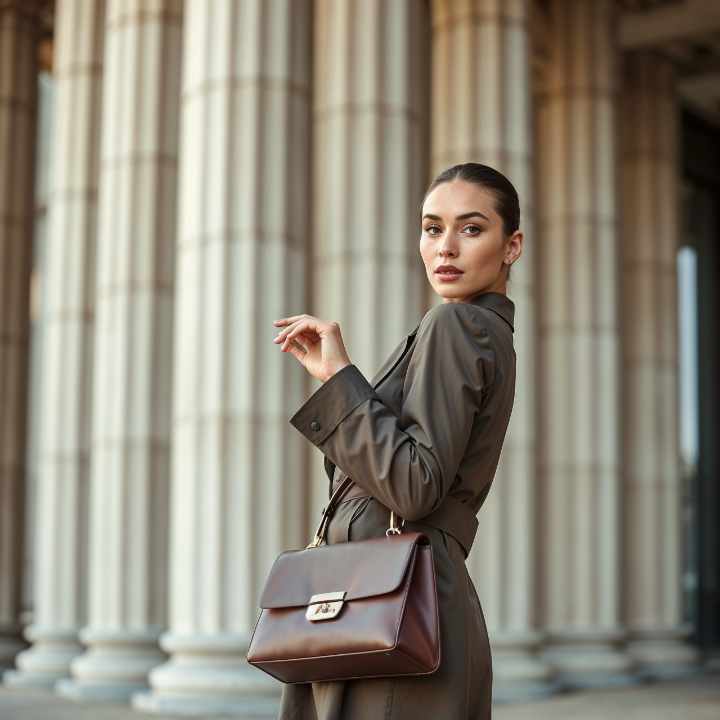 Model posing with arm pointing toward a handbag, framed by vertical architectural lines.