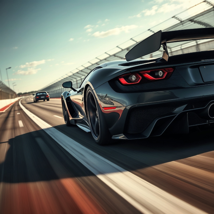 Sports ad image with diagonal lines creating motion and excitement around a sleek car.
