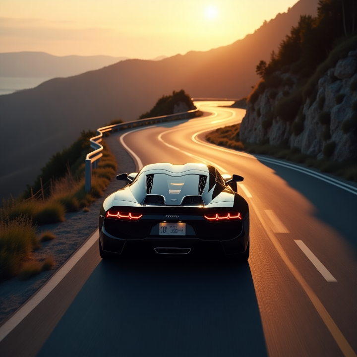 Winding mountain road leading to a luxury car, using natural lines to draw attention to the vehicle.