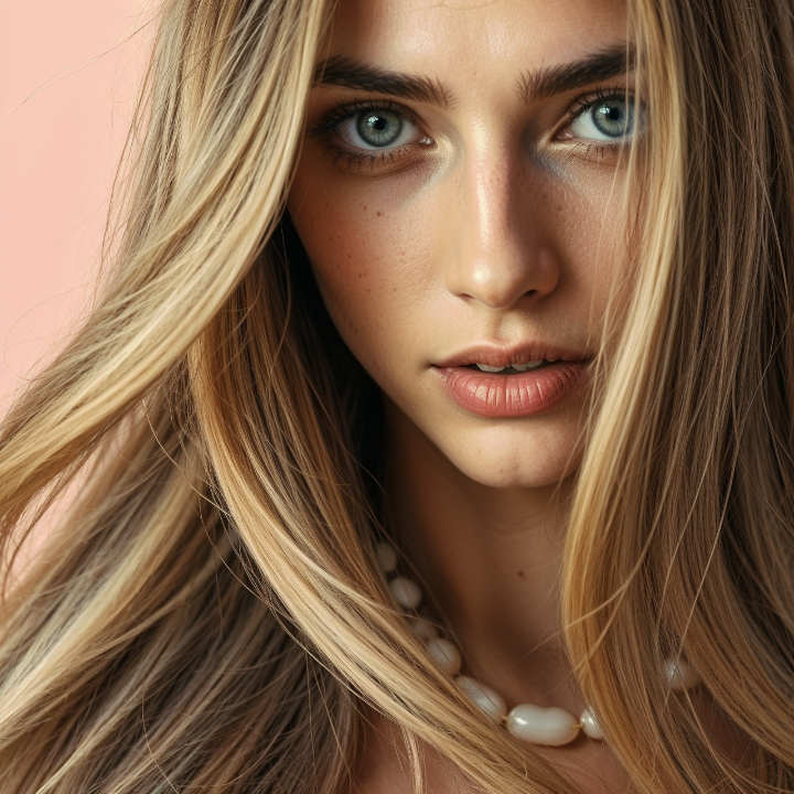 Curved lines formed by hair lead the eye to a necklace in a fashion ad.