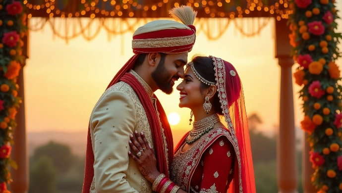 Candid moment of a bride and groom during sunset wedding ceremony, captured by Ranjan Bhattacharya.