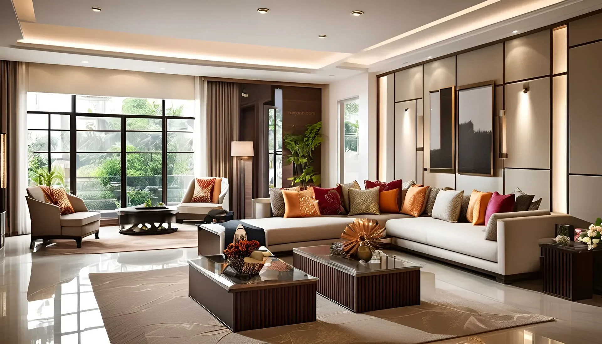 A spacious living room in a Kolkata apartment, featuring an L-shaped sofa, vibrant cushions, a glass-top coffee table, marble flooring, and floor-to-ceiling windows, photography by Ranjan Bhattacharya