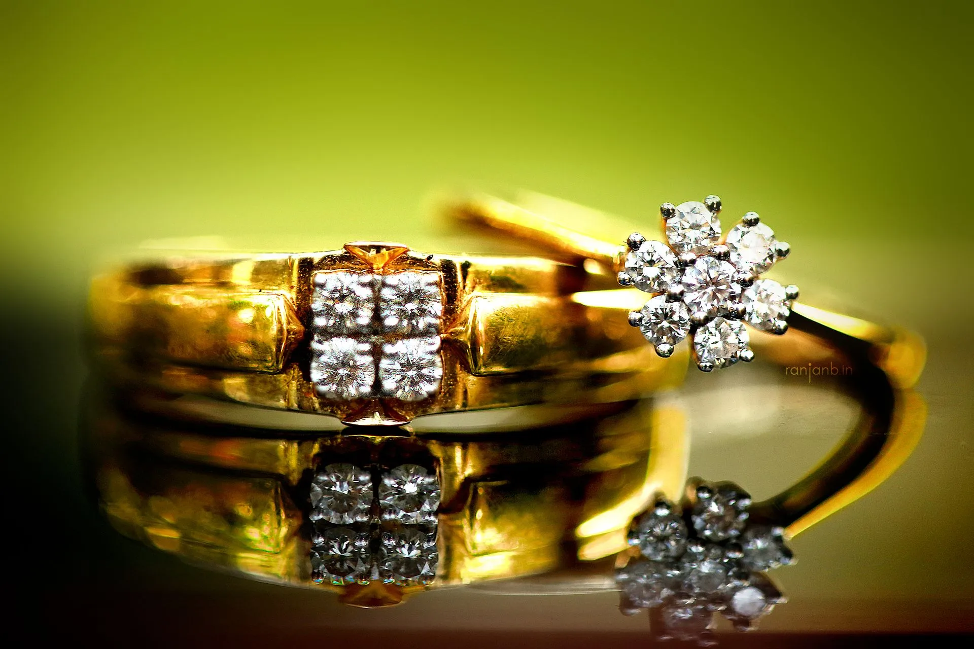 Macro shot of two wedding rings, showcasing intricate details, Close-up of bride and groom's wedding shoes, captured by Ranjan Bhattacharya.