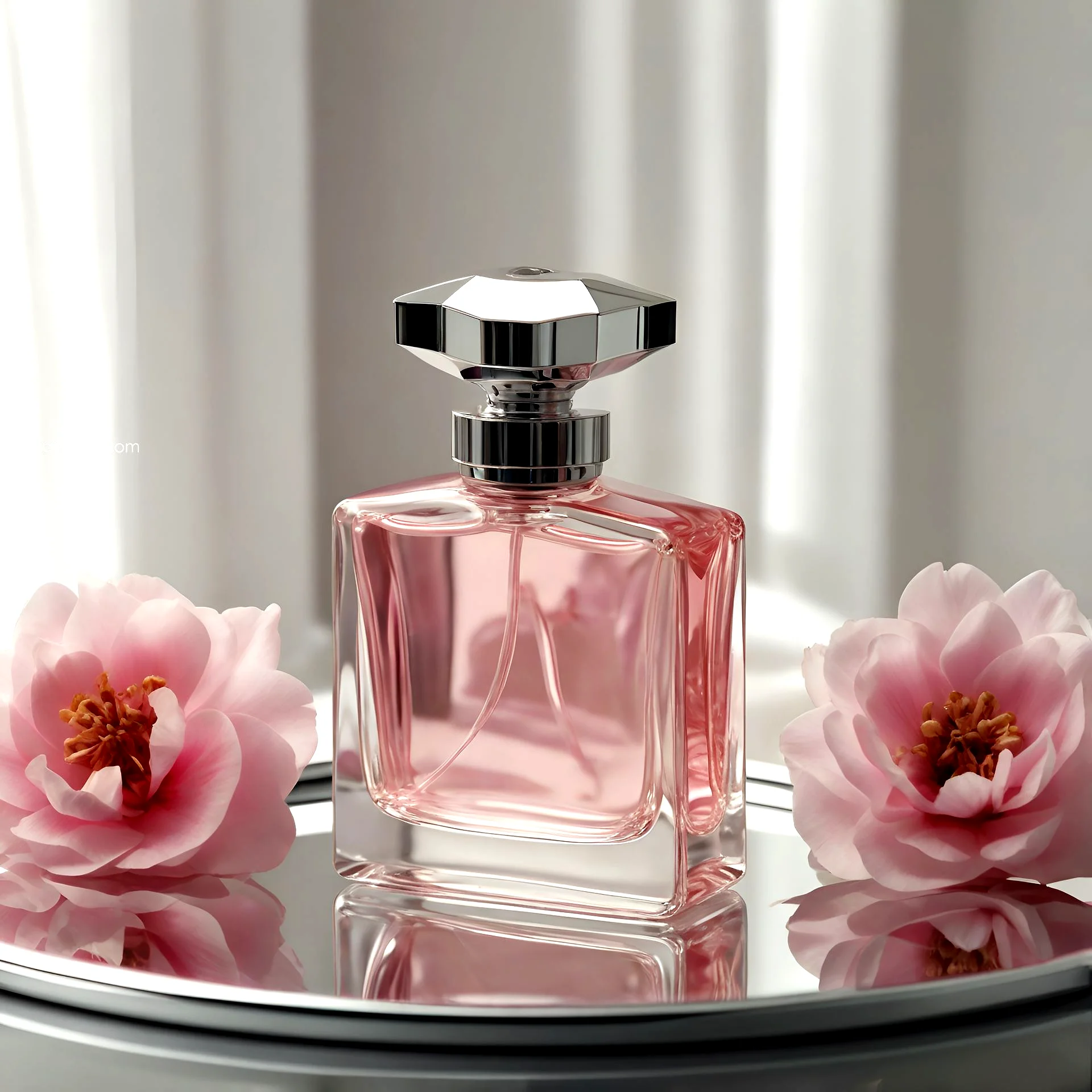 A pink accented perfume bottle artfully arranged on a tray, photographed by Ranjan Bhattacharya