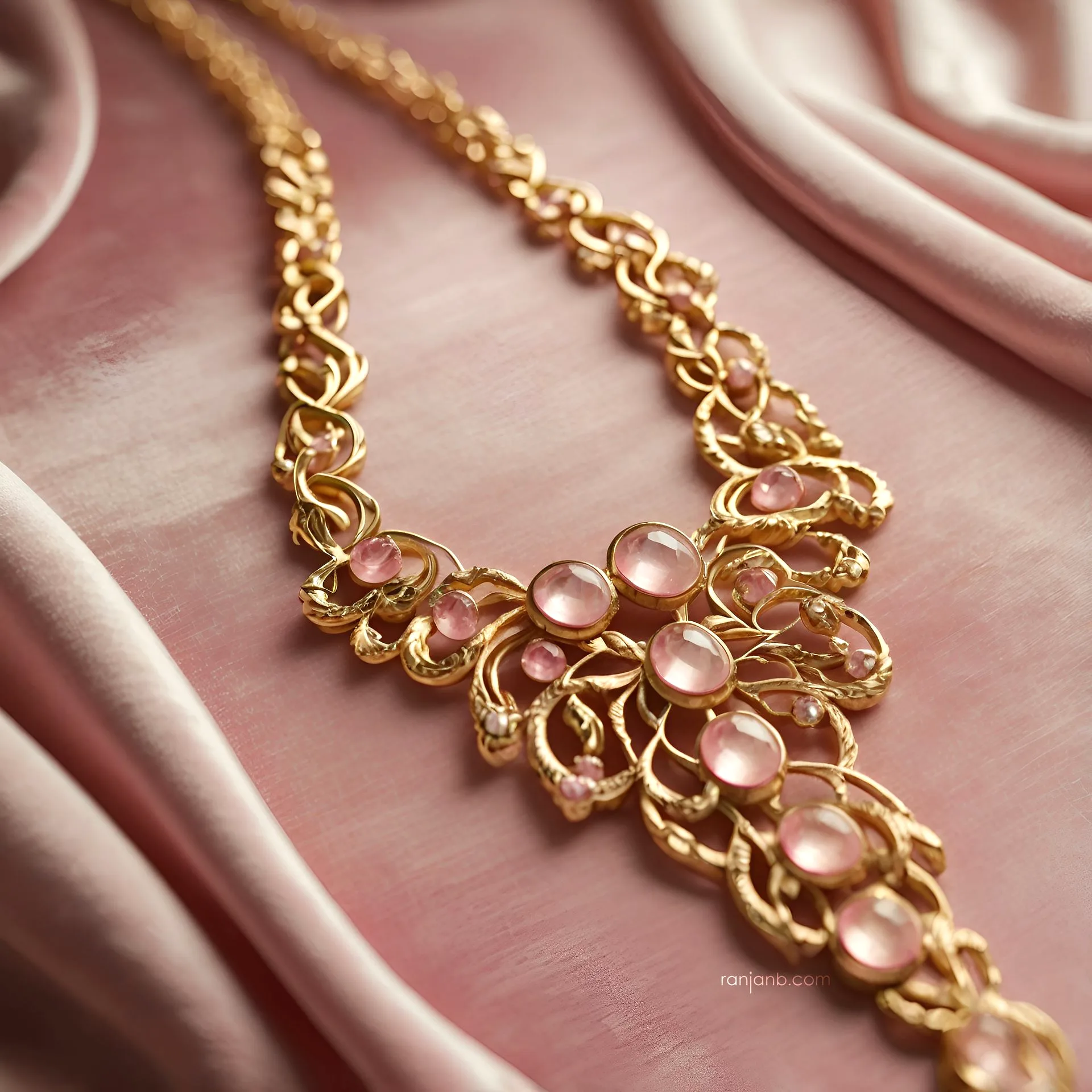 A macro shot of an intricate gold necklace displayed on a pink velvet by Ranjan Bhattacharya Photography.