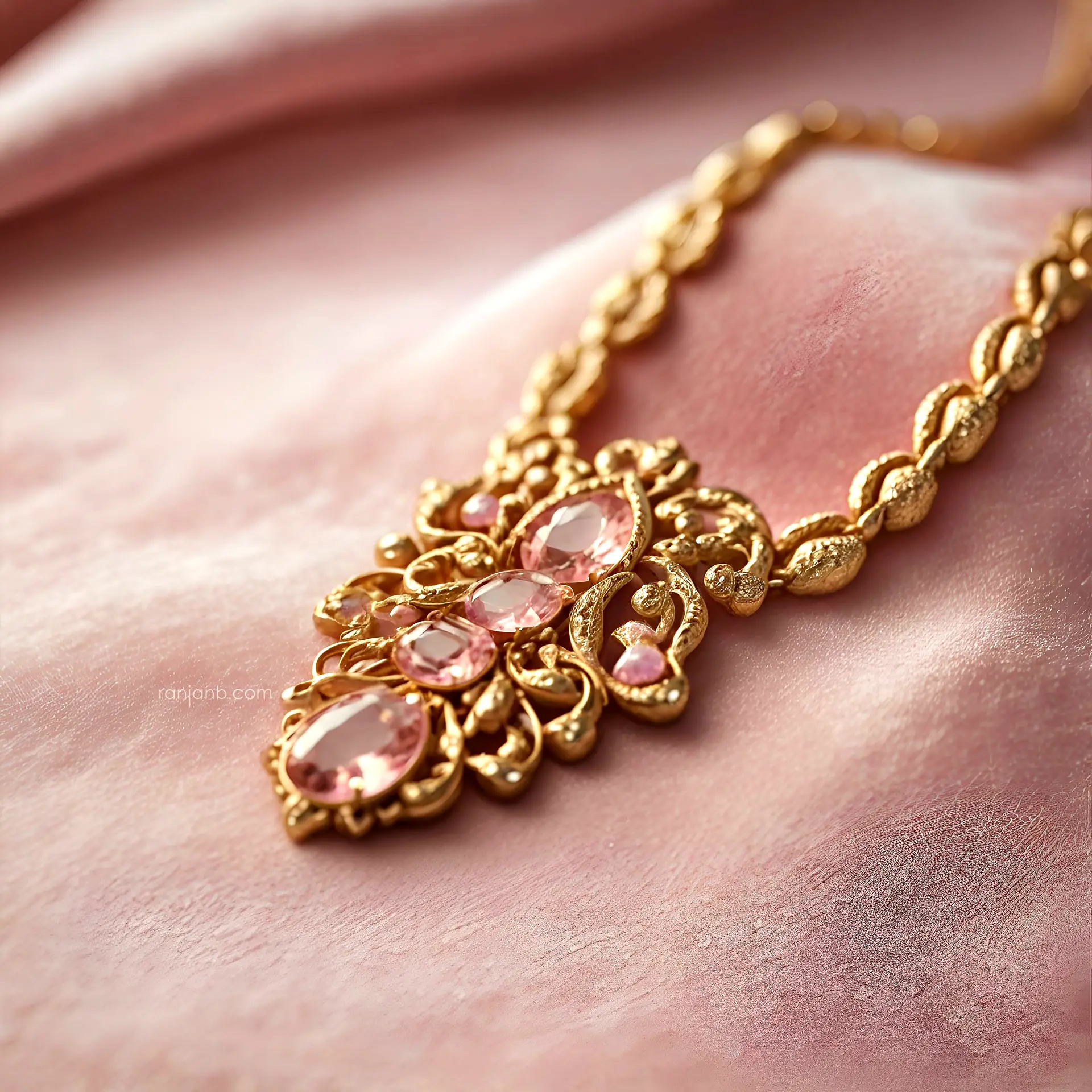 A close-up shot of an intricate gold necklace displayed on a pink velvet by Ranjan Bhattacharya Photography.