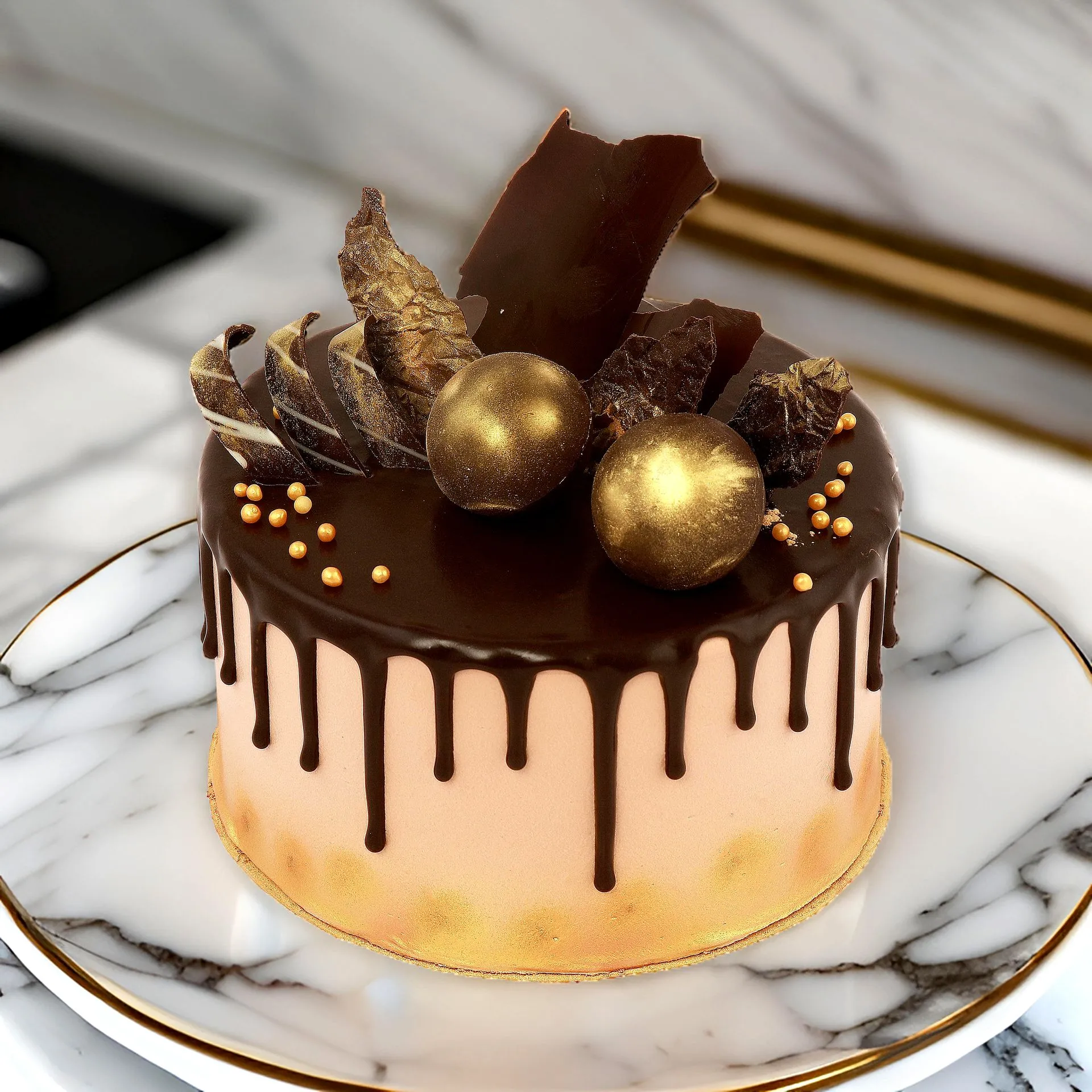 An exquisite cake with vibrant golden chocolate balls, presented in product photography for "The Sugarr and Spice" by Ranjan Bhattacharya.