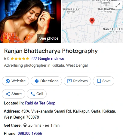 Verified 5.0 Google rating based on 220+ client reviews Google reviews profile of Ranjan Bhattacharya Photography showing 5.0 rating and verified client feedback in Kolkata