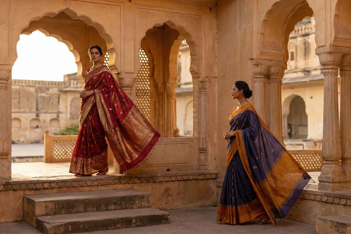 Utsav Fashion Jaipur campaign featuring heritage architecture backdrop and layered saree styling for banner-focused fashion photography