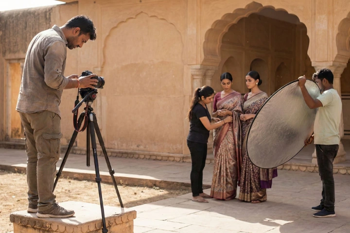 Fashion production leadership during outdoor saree campaign in Jaipur