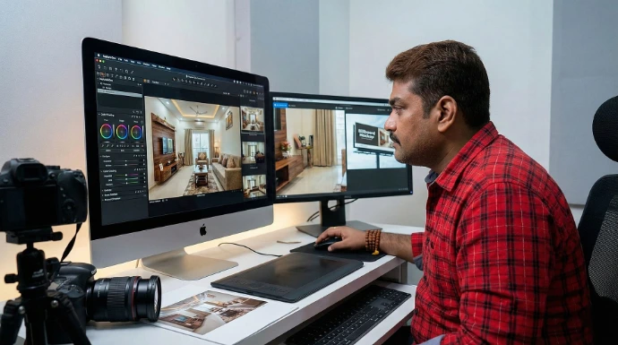 Advertising photographer performing advanced color grading and retouching on a dual-monitor post-production setup for commercial campaign asset delivery.