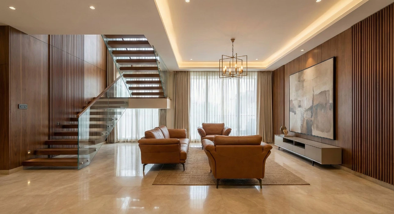 Double height luxury duplex living room with wooden staircase in Rajarhat Kolkata