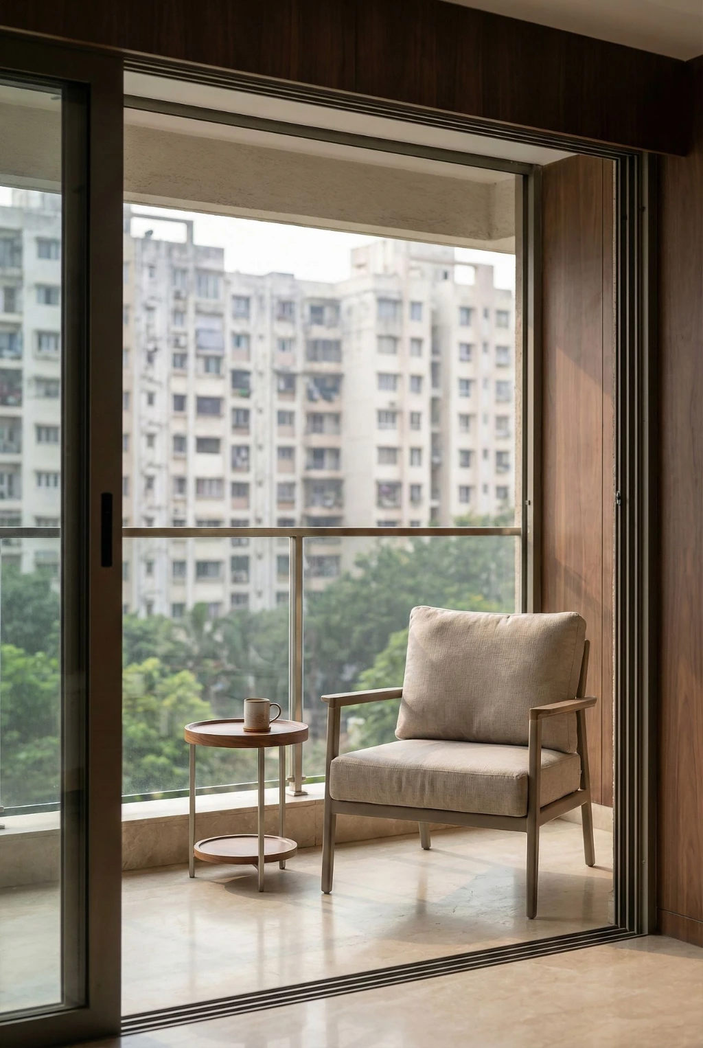 Minimal balcony seating area in premium Rajarhat duplex apartment Kolkata