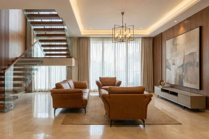 Luxury duplex interior – Rajarhat, Kolkata | Arya Projects Limited (2024) Luxury interior photography of double height duplex living room in Rajarhat Kolkata for Arya Projects Limited