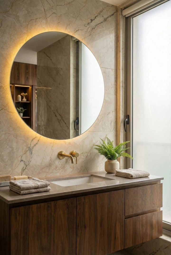 Marble bathroom detail – Rajarhat luxury duplex (2024) Marble bathroom vanity with backlit round mirror in luxury duplex residence Rajarhat Kolkata by Arya Projects Limited