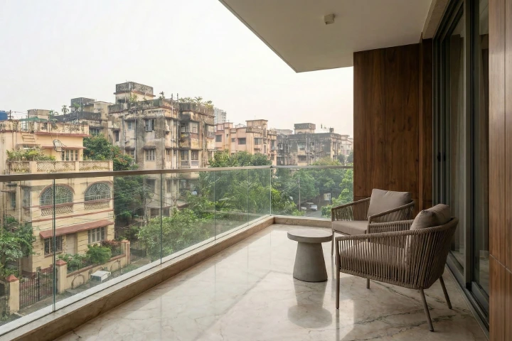 Balcony urban interface – Rajarhat luxury duplex (2024) Balcony view of luxury duplex in Rajarhat Kolkata showing surrounding residential landscape and urban context
