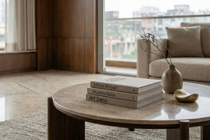 Living material composition detail – Rajarhat duplex (2024) Marble flooring and coffee table detail in luxury duplex living room Rajarhat Kolkata documented for Arya Projects Limited