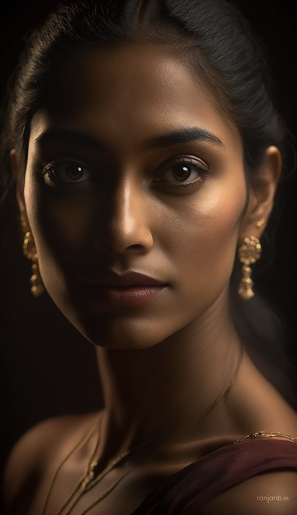 Elegant Portrait of a Mumbai Model by Ranjan Bhattacharya Close-up portrait of an elegant Mumbai model wearing traditional jewelry, photographed by Ranjan Bhattacharya