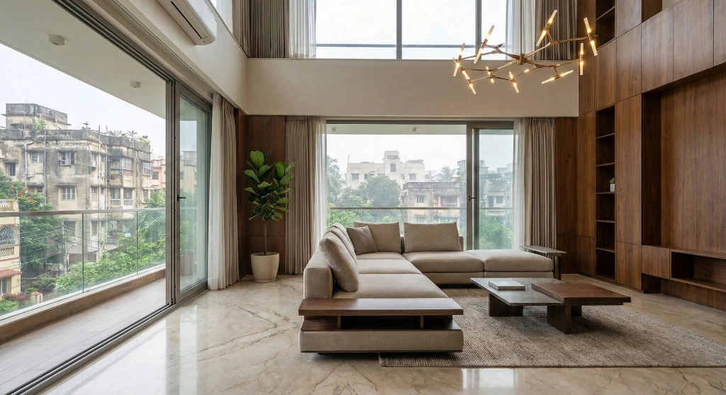 Rajarhat Duplex, Kolkata — Window light, exterior retained Rajarhat duplex living room with floor-to-ceiling windows and Kolkata cityscape visible — interior photography by Ranjan Bhattacharya