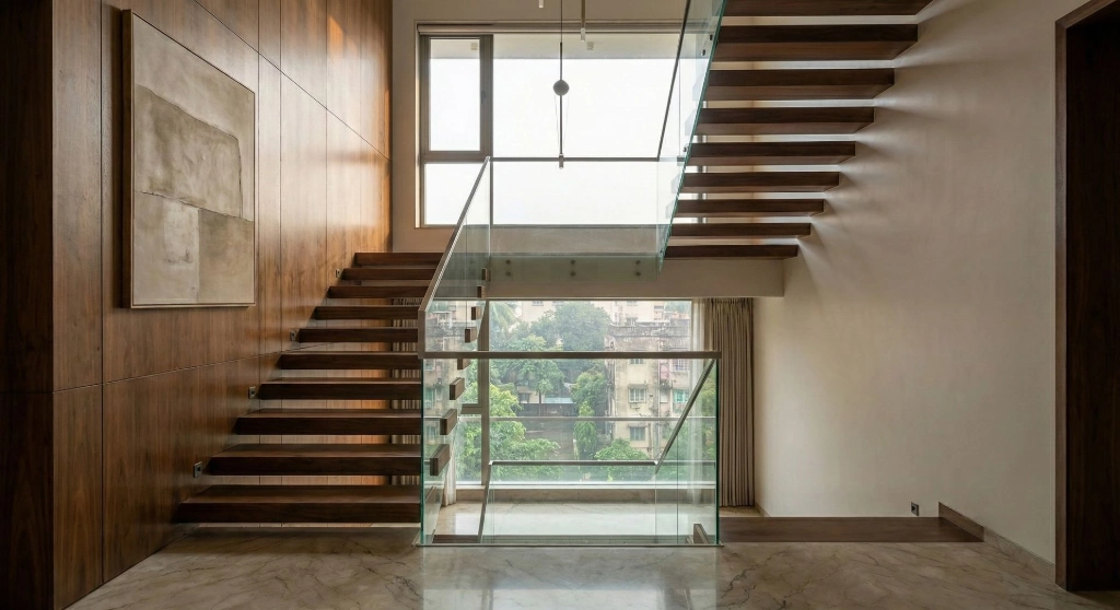 Rajarhat Duplex, Kolkata — Light, geometry, and spatial narrative Floating wooden staircase in luxury duplex Rajarhat Kolkata — architectural storytelling photography by Ranjan Bhattacharya
