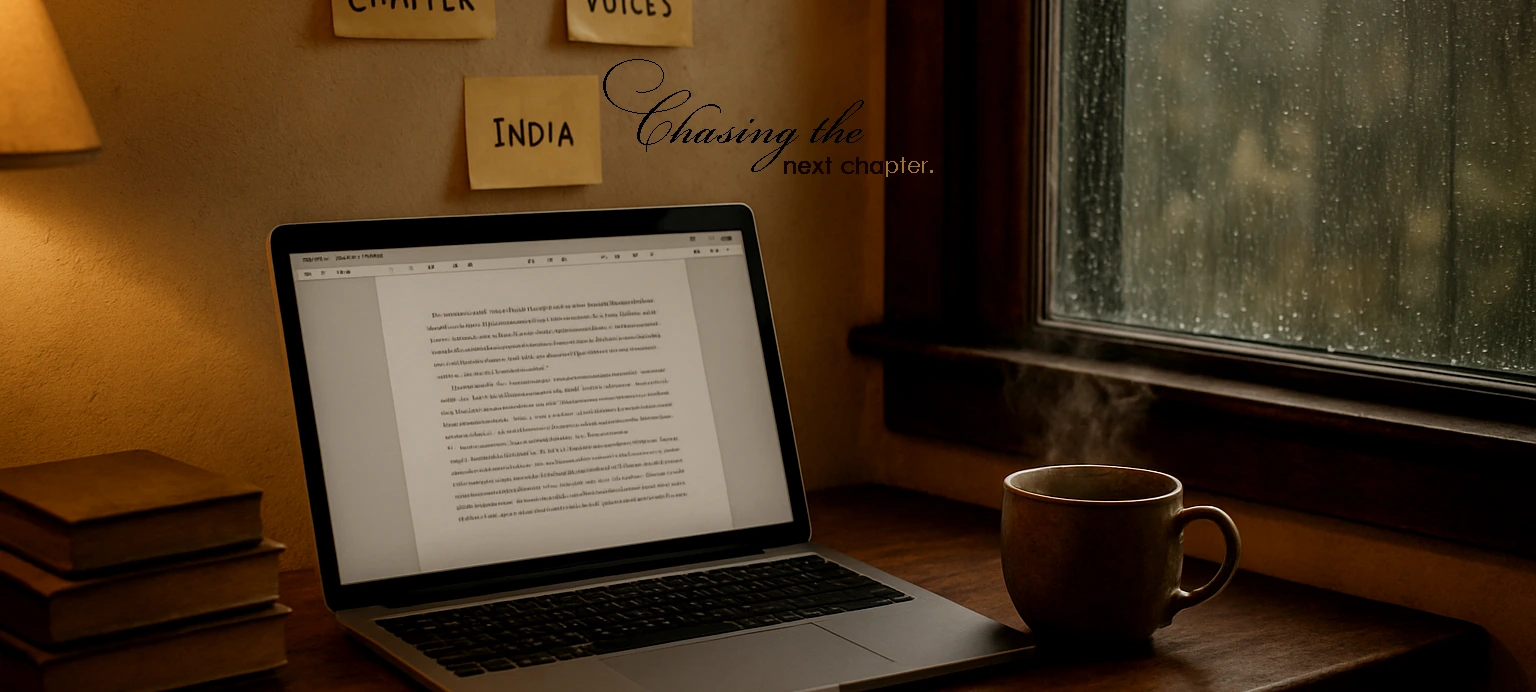A writing desk by a rainy window with a laptop and coffee — Ranjan Bhattacharya drafting his next book on interior and portrait photography in India.