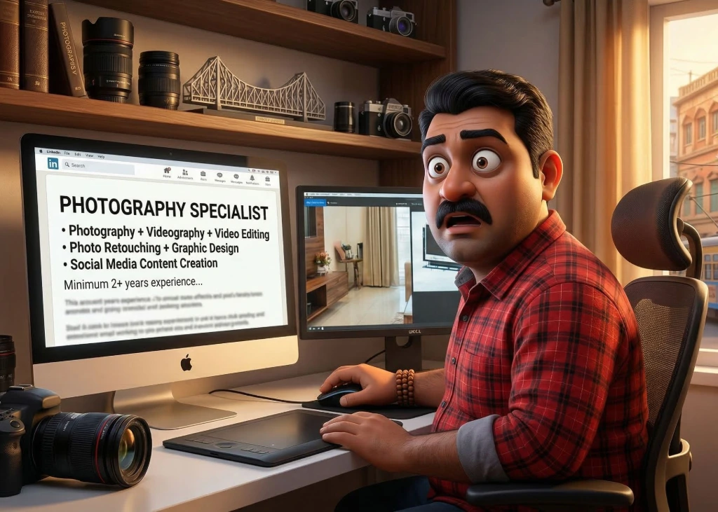 Cartoon illustration of a professional photographer reacting in shock to a Photography Specialist job post on LinkedIn screen.