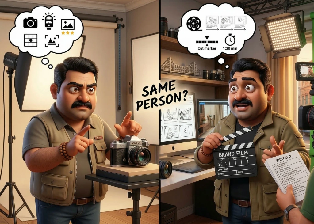 Split cartoon illustration showing the same professional photographer directing a still shoot on the left and acting as a brand film director on the right — two completely different cognitive roles.