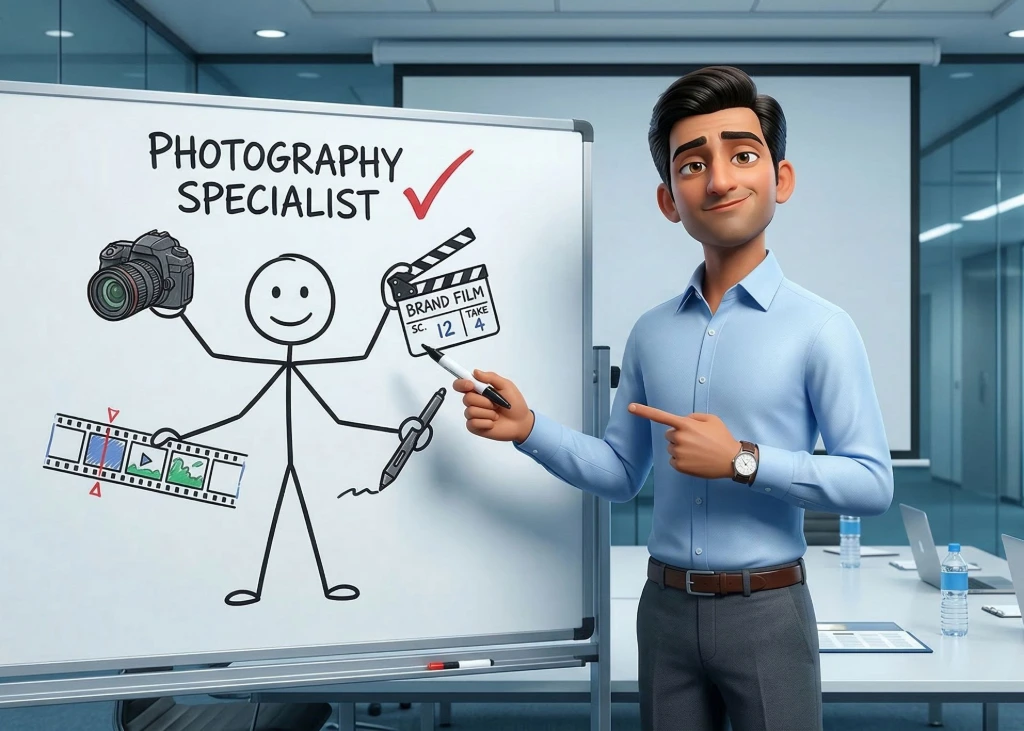 Cartoon illustration of a confident brand manager pointing at a whiteboard showing a stick figure with four arms holding a camera, clapperboard, film reel and retouching pen — labelled Photography Specialist with a tick mark.