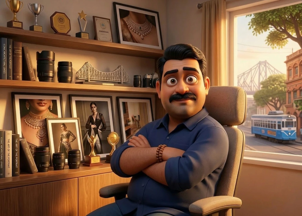 Cartoon illustration of a senior commercial photographer sitting calmly with arms crossed in his studio, surrounded by award trophies, framed advertising campaign prints, and camera equipment — Kolkata skyline with Howrah Bridge visible through the window.