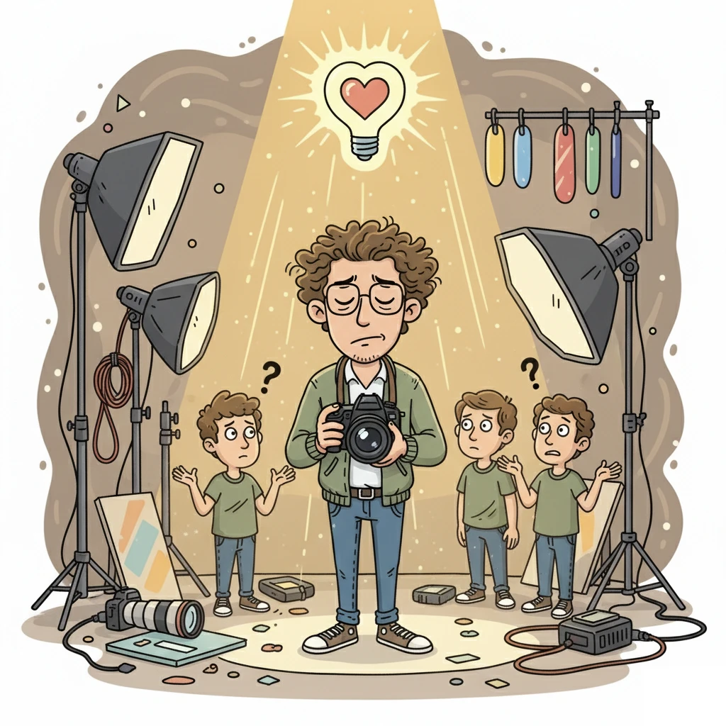 Funny cartoon of a photographer dramatically ‘feeling the light’ instead of measuring it — symbolizing the shift from technical mastery to emotional storytelling.