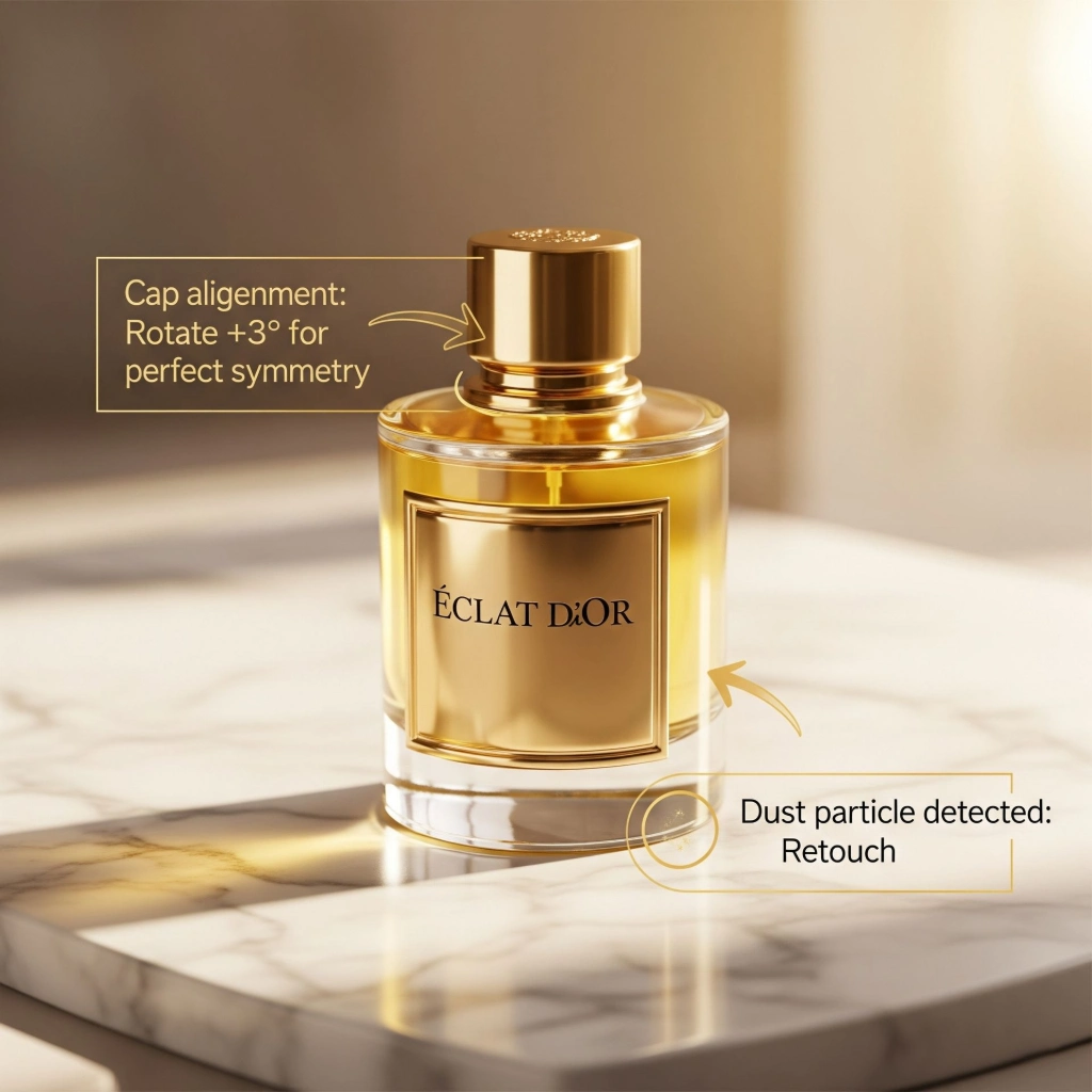 In-frame AI guidance to perfect the shot. AI-annotated product photography setup.