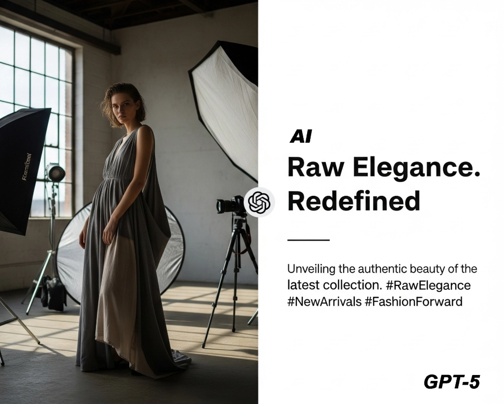 How GPT-5 bridges visuals and copy in seconds. Before/after pairing of campaign photo and AI-generated ad text.
