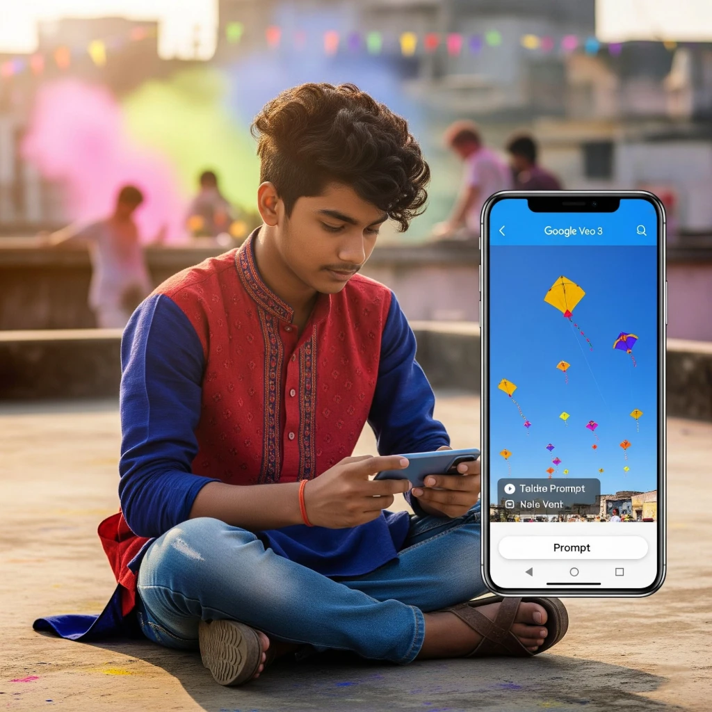 Young Indian creator generating Holi-themed video using Veo 3.