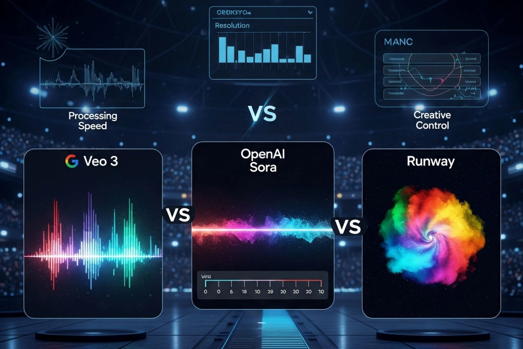 Visual comparison of Veo 3, Sora, and Runway for AI video creation.