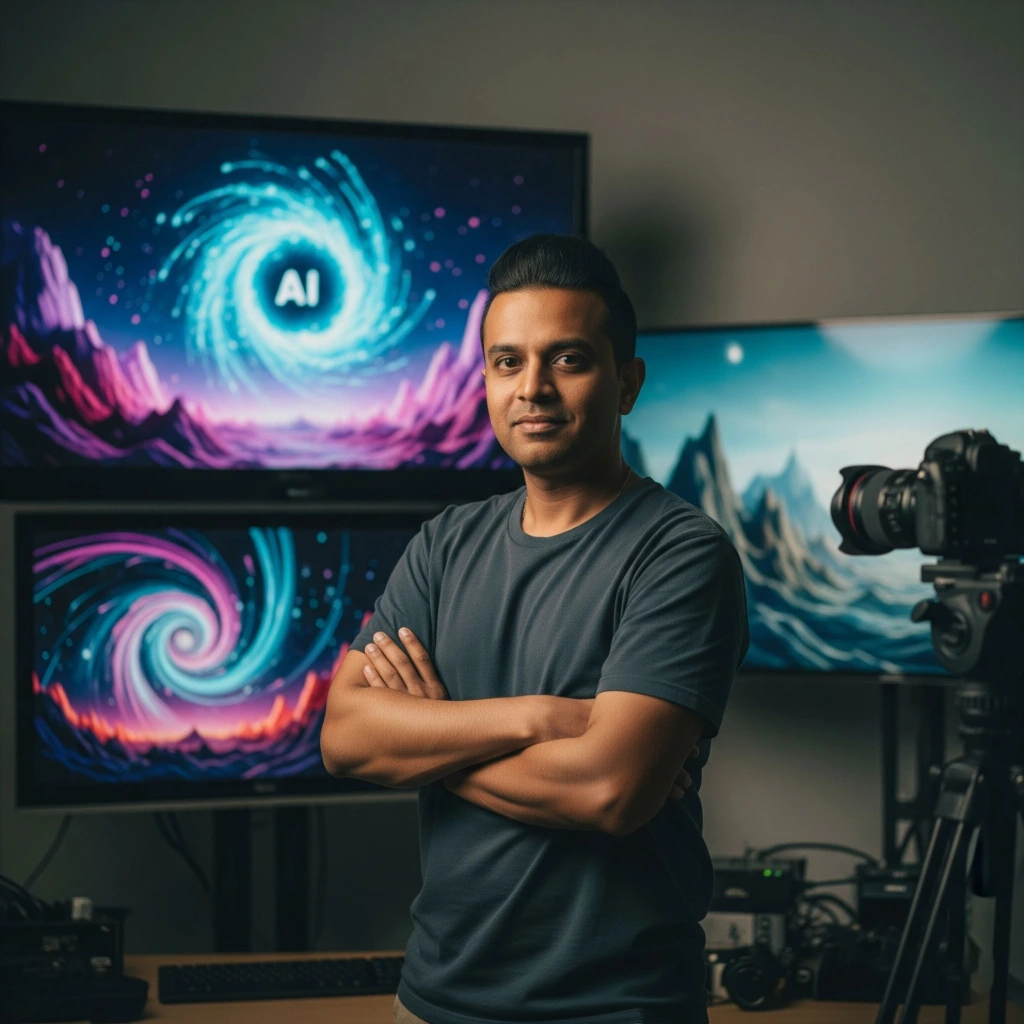 Indian creative embracing AI video tools like Veo 3 in a studio setting.