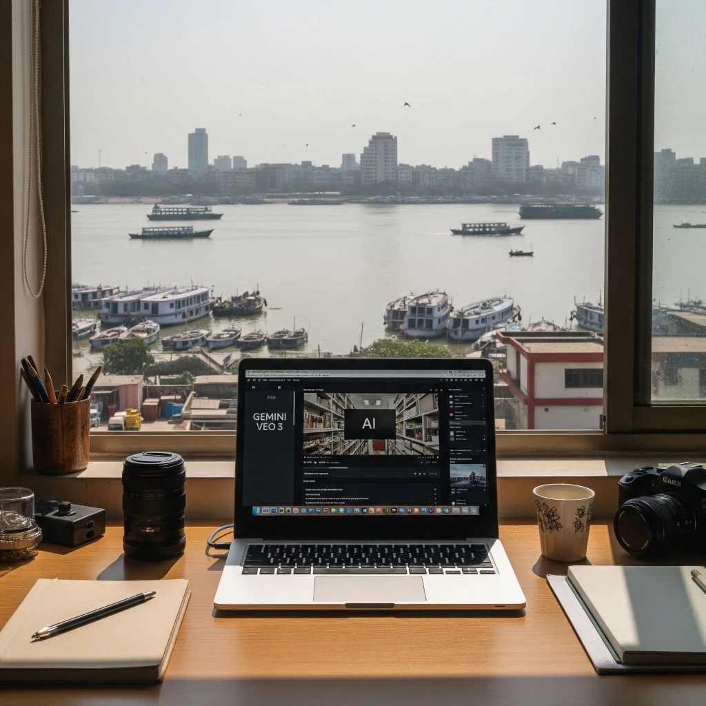Kolkata creator workspace using Veo 3 to make cinematic AI content.