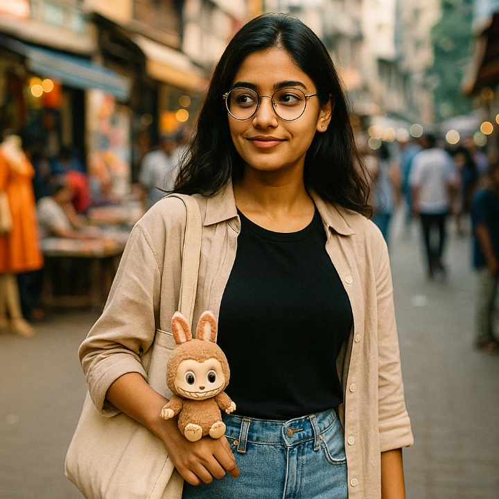 A young Indian fashion influencer holding a Labubu doll against a wooden backdrop, symbolizing the toy's rising popularity in India.