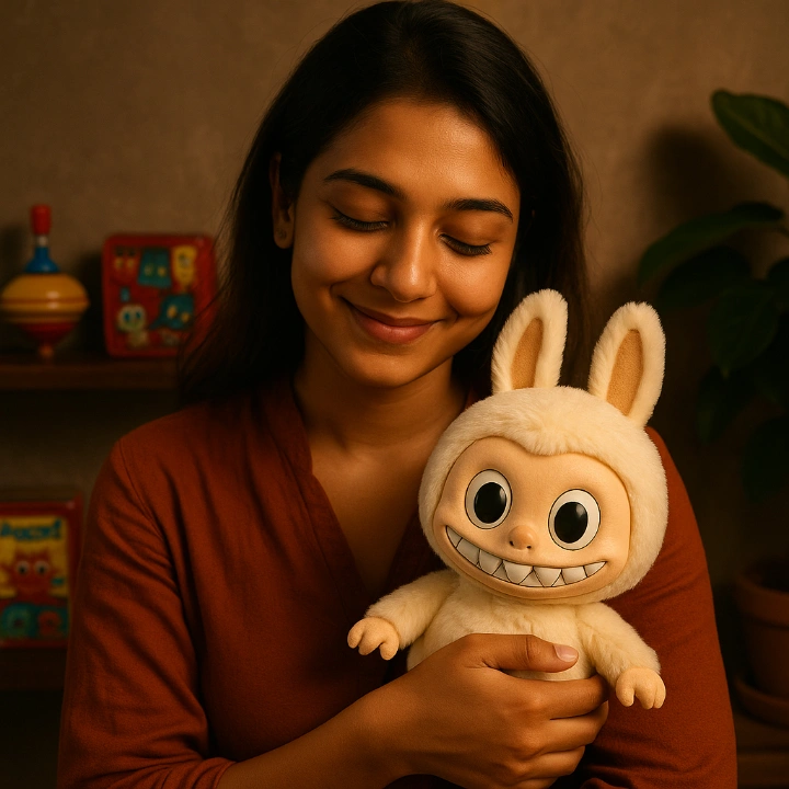 A young South Asian woman holding a Labubu plush toy close to her chest with a gentle smile, surrounded by cozy indoor lighting and warm colors.